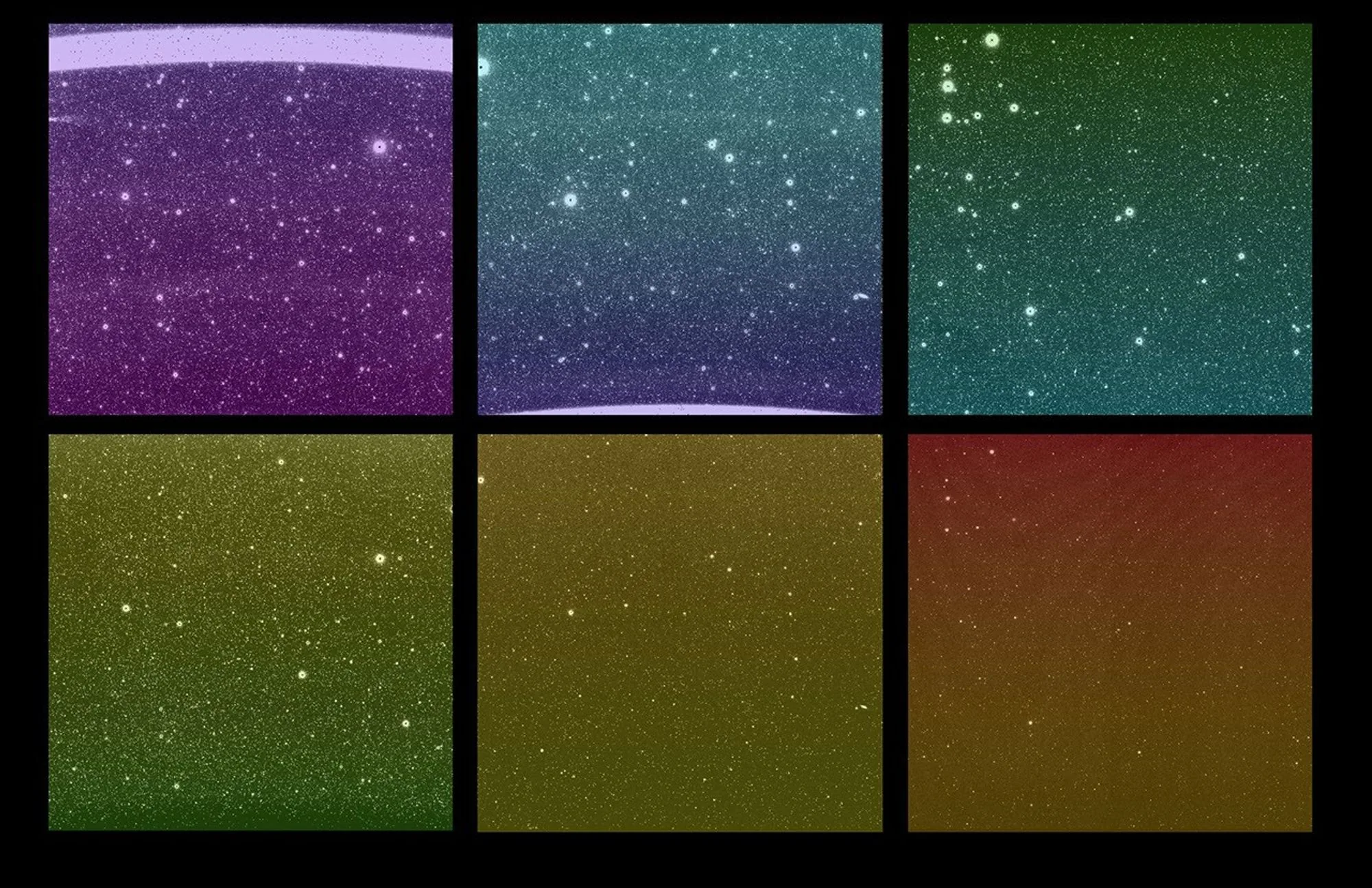 Six infrared detector views from a SPHEREx first-light exposure